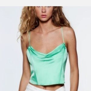 ZARA Satin Corset Style Cowl Neck Cropped Top In Mint Green. Size XS